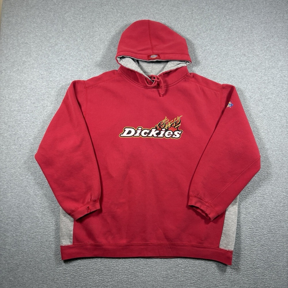 Vintage Y2K Dickies Flame Logo Hoodie Sweatshirt Mens XL Red Grey Skater Grunge
